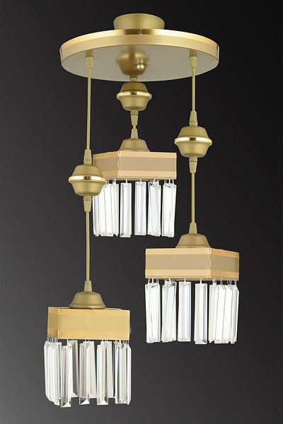 Kraliçe Antique Pendant Lamp Tray with 3 Crystal Stones and Yellow Stripe - Square Luxury Chandelier
