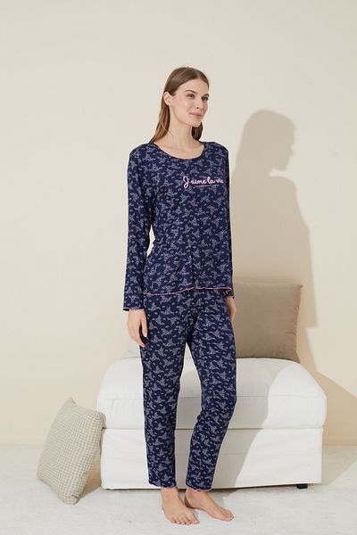 Siyah İnci Cotton Navy Blue Floral Patterned Pajama Set - 24240127