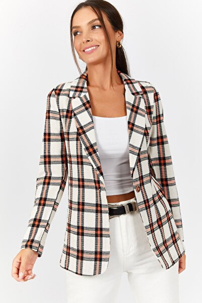 armonika Jachetă de damă portocaliu cu model carouri cu un singur nasture ARM...