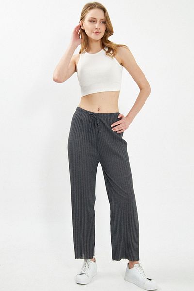 armonika Dámské antracitové kalhoty s elastickým žebrovaným úpletem v pase ARM-22K105002
