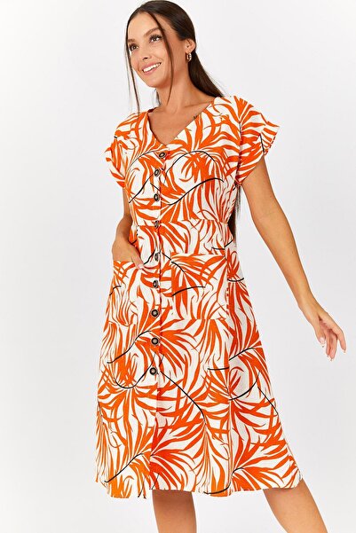 armonika Kadın Turuncu Yaprak Desen Cepli Önü Düğmeli Elbise ARM-22Y001122