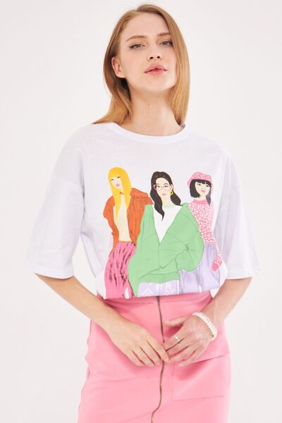 armonika White Oversize T-Shirt - Girl Printed, ARM-24Y024018