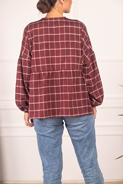 armonika Women's Red Six Drawstring Sleeves Elastic Plaid Pattern Stitched Shirt ARM-24K001006