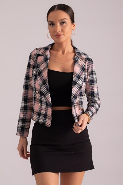 armonika سترة نسائية باللون الوردي بياقة مزدوجة الصدر من التويد ARM-24K001014