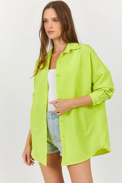 armonika Kadın Neon Yeşil Oversize Uzun Basic Gömlek Arm-22y001118