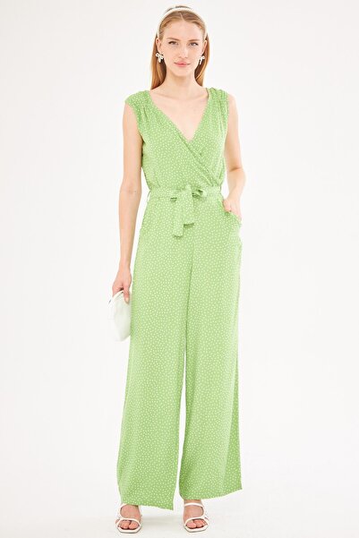 armonika Pistachio Green Double Breasted Jumpsuit - Shoulder Detail, V Belt, Long Cut ARM-24Y001049