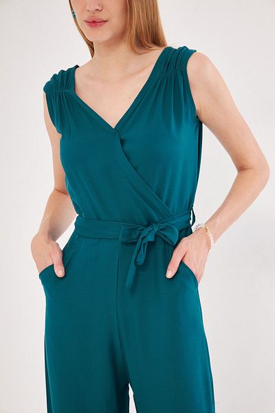 armonika Petrol Colored Long Women's Jumpsuit with Double Breasted Collar and Shoulder Detail - V Belted ARM-24Y001049