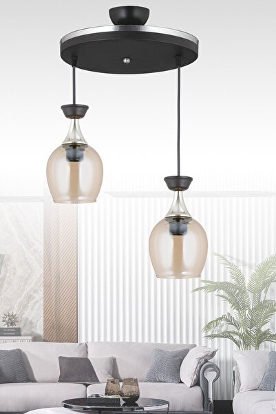 Genel Markalar Sarkıt Tepsi 2'li Siyah Fanus  Bal Camlı Krom Şeritli Modern  ...