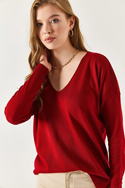 armonika Women's Burgundy V-Neck Front Short Rear Long Knitwear Sweater Arm-22Y012013