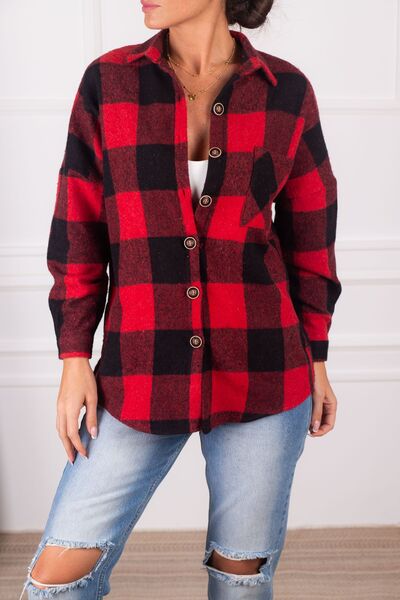 armonika Γυναικείο Claret Κόκκινο-Μαύρο Καρό Πουκάμισο Oversize με ραμμένη τσ...