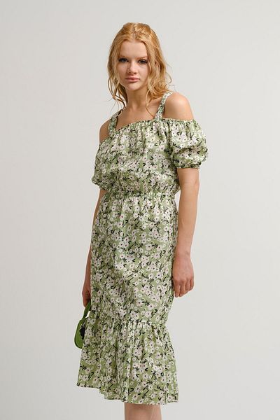 armonika Women's Green Patterned Elastic Waist Strap Dress Arm-23y001053