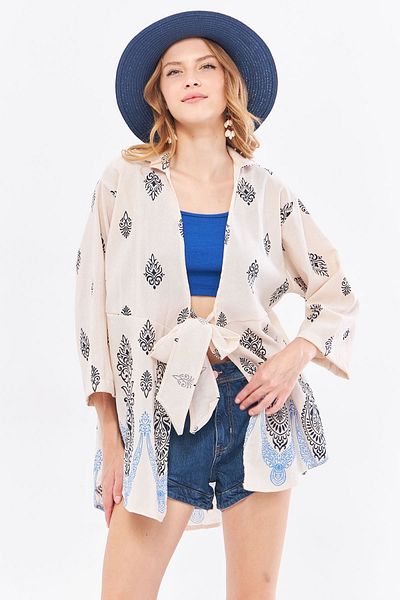 armonika Cămașă kimono cu apă cu model bleumarin închis - aspect de in ARM-24Y 001092