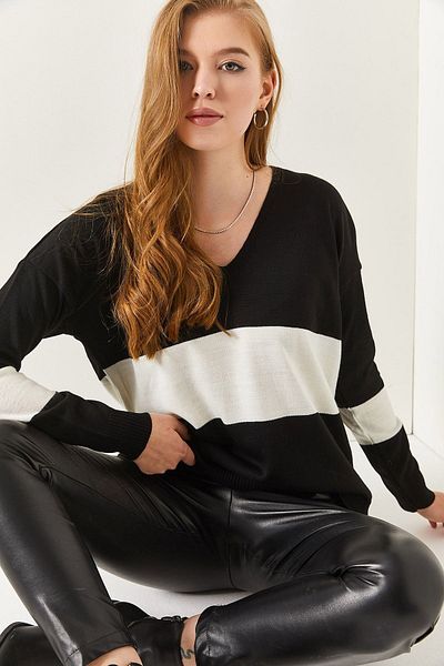 armonika Schwarzer zweifarbiger Damenpullover mit V-Ausschnitt und kurzer Vorderseite und langer Rückseite ARM-18K012042