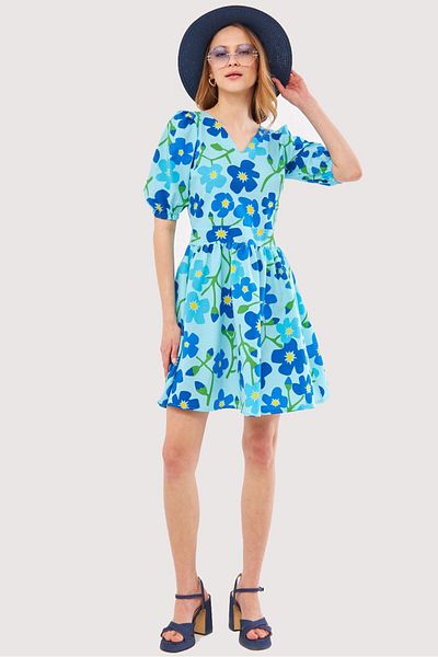 armonika Babyblaues Minikleid für Damen, vorne und hinten, V-Ausschnitt, Ballonärmel, Gürtel, detailliert gemustert, ARM-24Y001016