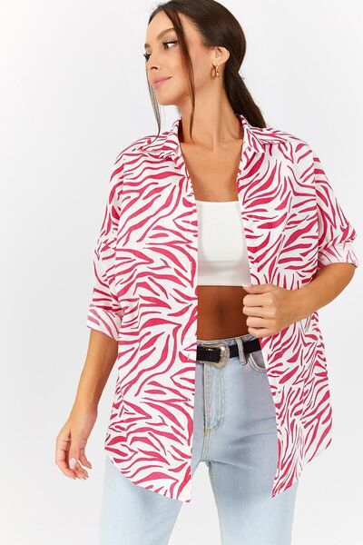 armonika قميص نسائي أساسي طويل الحجم بنمط الحمار الوحشي الفوشيا Arm-22Y001145