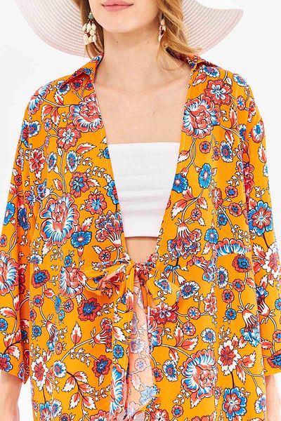 armonika Pomegranate Flower Patterned Women's Kimono Shirt - Front Tie ARM-24Y001080