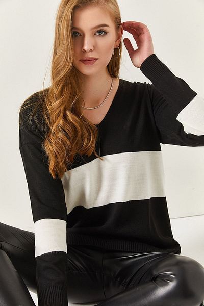 armonika Schwarzer zweifarbiger Damenpullover mit V-Ausschnitt und kurzer Vorderseite und langer Rückseite ARM-18K012042