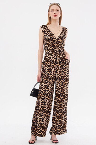 armonika Black-Beige Long Jumpsuit with Double Breasted Collar and Shoulder Detail - V Belted, ARM-24Y001049