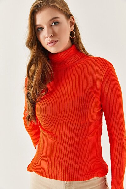 armonika Women's Neon Orange Corded Neck Knitwear Sweater Arm-22K069002