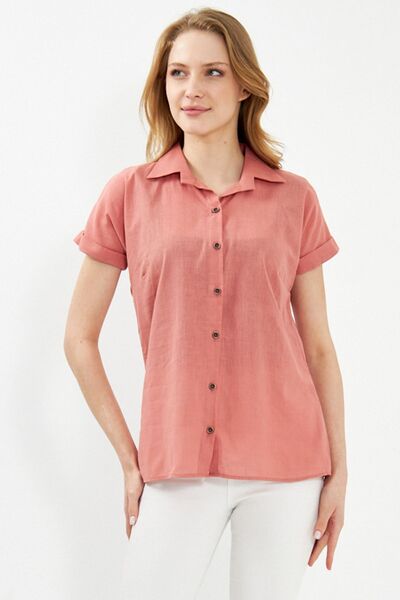 armonika Women's Salmon Short Sleeve Linen Shirt ARM-24Y001038