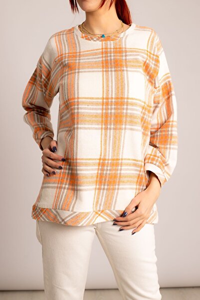 armonika Women's Beige Plaid Pattern Round Collar Oversize Sweatshirt Arm-23y...