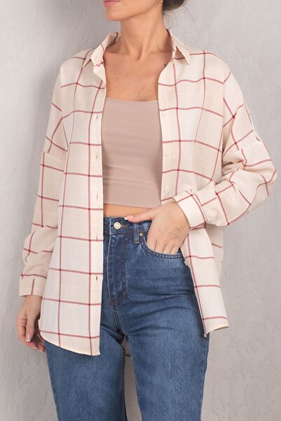 armonika Dámská krémová dlouhá základní košile se čtvercovým vzorem ARM-22Y001144