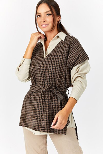 armonika Dámský svetr norkový malý, houndstooth vzor v pase s výstřihem do V ARM-21K001070