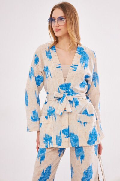 armonika حذاء كيمونو نسائي أزرق منقوش بجيب بحزام ومظهر كتان ARM-24Y001022