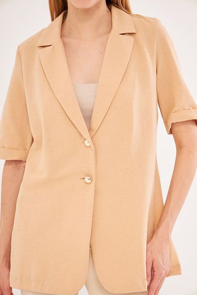 armonika Beige Oversize Women's Jacket - Short Sleeve, Two Buttons, ARM-24Y001086