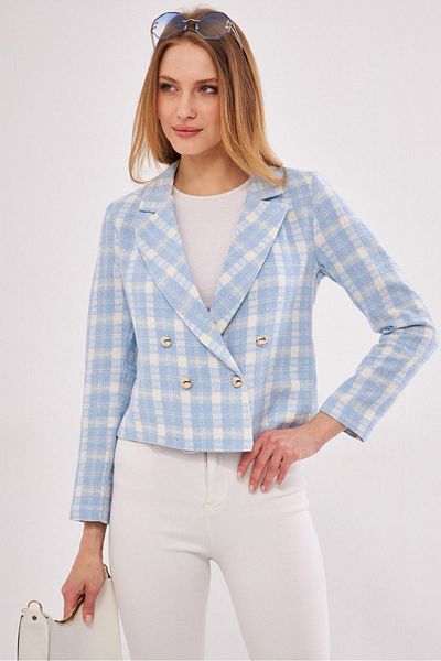 armonika Women's Baby Blue-Ecru Double Breasted Collar Tweed Crop Jacket ARM-24K001014