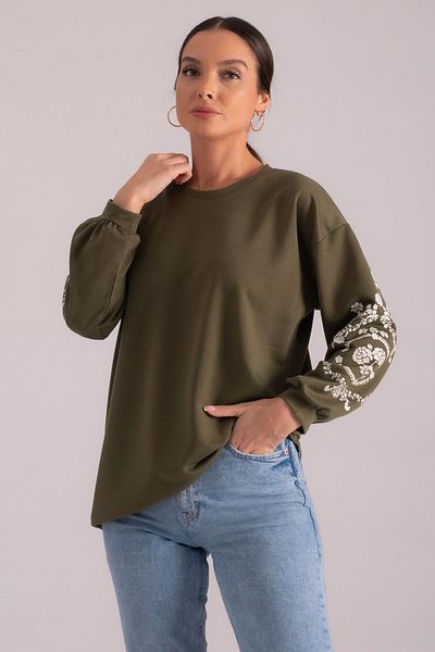 armonika Women's Khaki Round Neck Sleeve Embossed Tunic ARM-21K024033