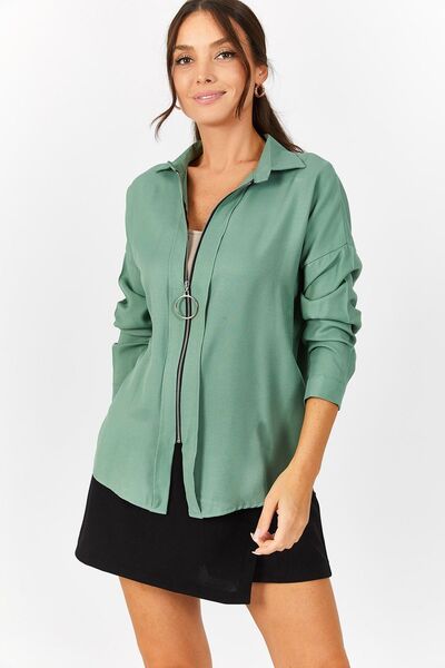 armonika Γυναικείο ανοιχτό πράσινο πουκάμισο με φερμουάρ μπροστά casual ARM-2...