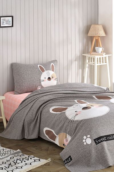 Eponj Home Комплект единична завивка - с щампа, светлокафяво-сиво-розово зайче