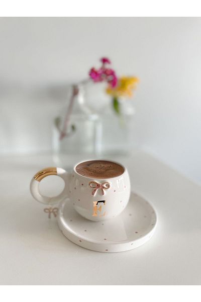 Mugtasarım 24K Gold Gilded Double Turkish Coffee Cup with Pink Bow Detail - Letter E