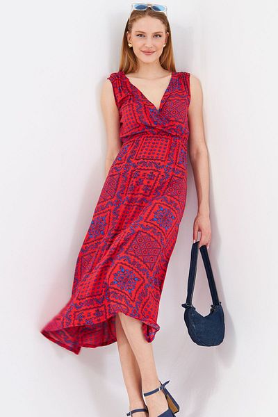armonika Women's Coral Patterned Elastic Waist and Shoulder Double Breasted Collar Midi Skirt Dress Arm-24y001052