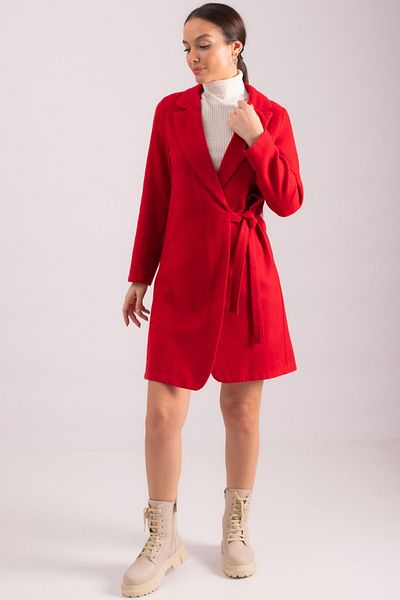 armonika Women's Red Side Tie Long Stamp Coat ARM-24K001068