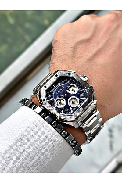 Ferrucci men's Silver Color Square Function Steel Cord Wrist Watch and Gift Bracelet