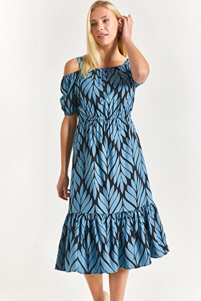 armonika Ženska svetloplava haljina sa uzorkom i elastičnim trakama za struk ...