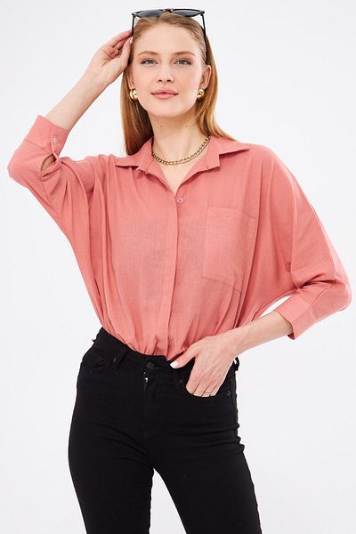 armonika Cămașă casual de in pentru femei roz închis cu buzunare ARM-21Y001035