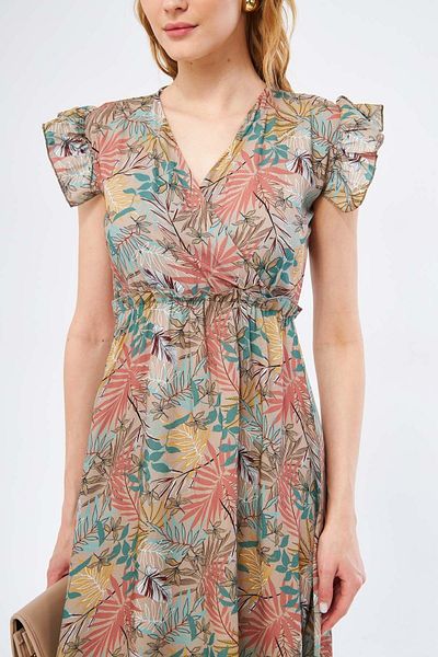 armonika Beiges Midikleid für Damen, zweireihig, Kragen, Schulter, Rüschendetails, elastische Taille, Midilänge ARM-24Y001020