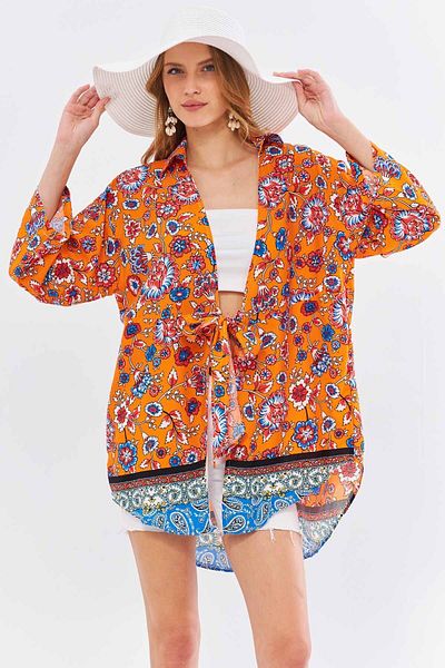 armonika Pomegranate Flower Patterned Women's Kimono Shirt - Front Tie ARM-24Y001080