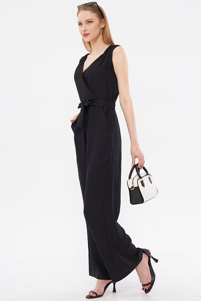 armonika Black Double Breasted Collar and Shoulder Detailed V Belted Long Women's Jumpsuit - ARM-24Y001049