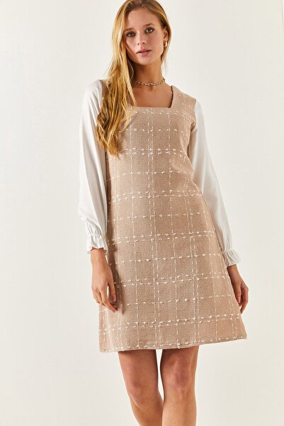 armonika Ženska haljina krem boje Karirano pakovanje četvrtasti izrez dugih r...