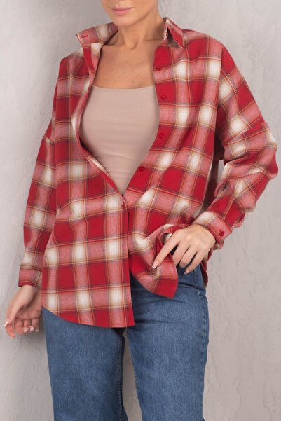 armonika Női vörös négyzet mintás Oversize hosszú alap ing ARM-22Y001144