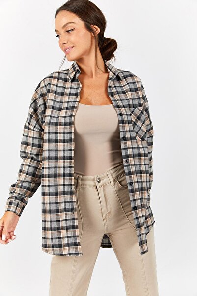 armonika Дамска светлокафява карирана риза с големи размери през ръкава-22Y00...