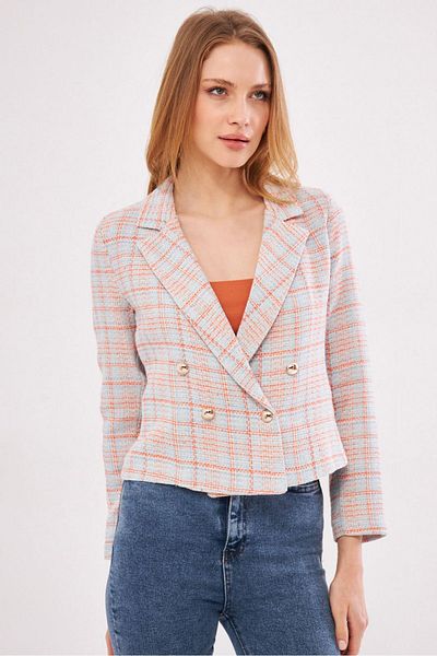 armonika Jachetă crop din tweed, cu guler dublu, albastru-portocaliu pentru femei ARM-24K001014