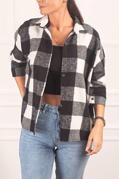 armonika Γυναικείο πουκάμισο casual με μαύρο-άσπρο τετράγωνο σχέδιο ARM-22K00...