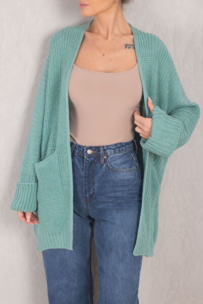 armonika Women's Turquoise Thessaloniki Knitted Pocket Double Sleeve Knitwear...