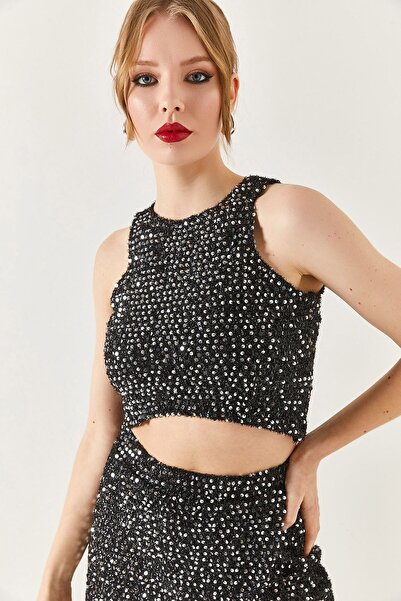 armonika Women's Halter Neck Sequin Crop Blouse