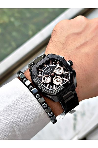 Ferrucci Men's Wristwatch - Black Color, Square Function, Steel Cord + Bracelet Gift